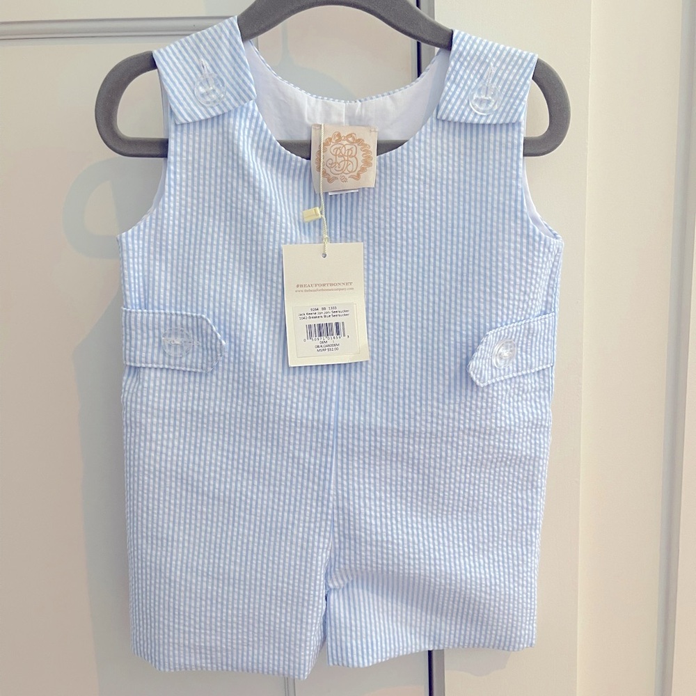 NWT - The Beaufort Bonnet Company - Jack Keene Jon Jon - Blue Seersucker - 6m